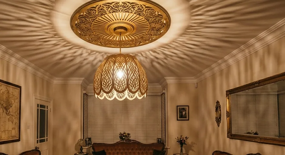 Laser-Cut Wooden Ceiling Medallions and Light Fixtures